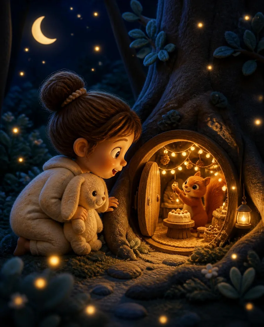 De noche, Sofi abraza a Tomi, su conejo de peluche, y se asoma a una pequeña puerta en el tronco de un árbol, donde una ardilla prepara una fiesta para la luna.