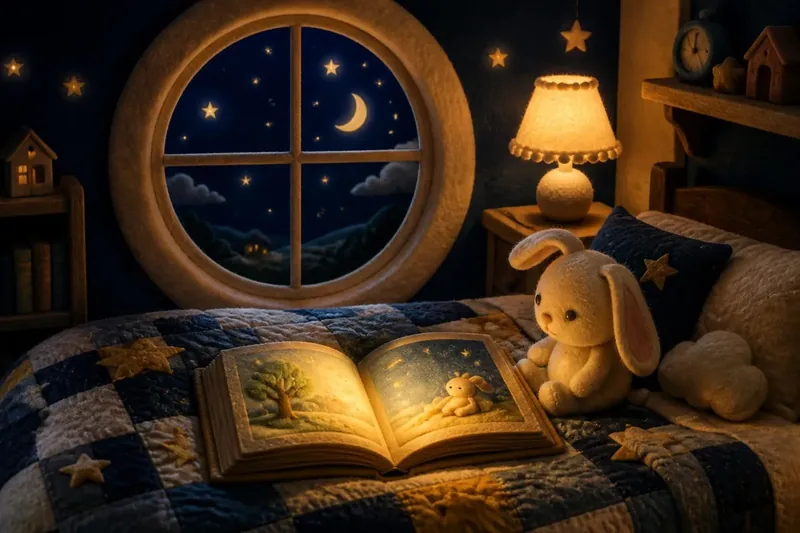 Una habitación de noche: un libro abierto e iluminado sobre la cama, un conejo de peluche y una ventana redonda con la luna.